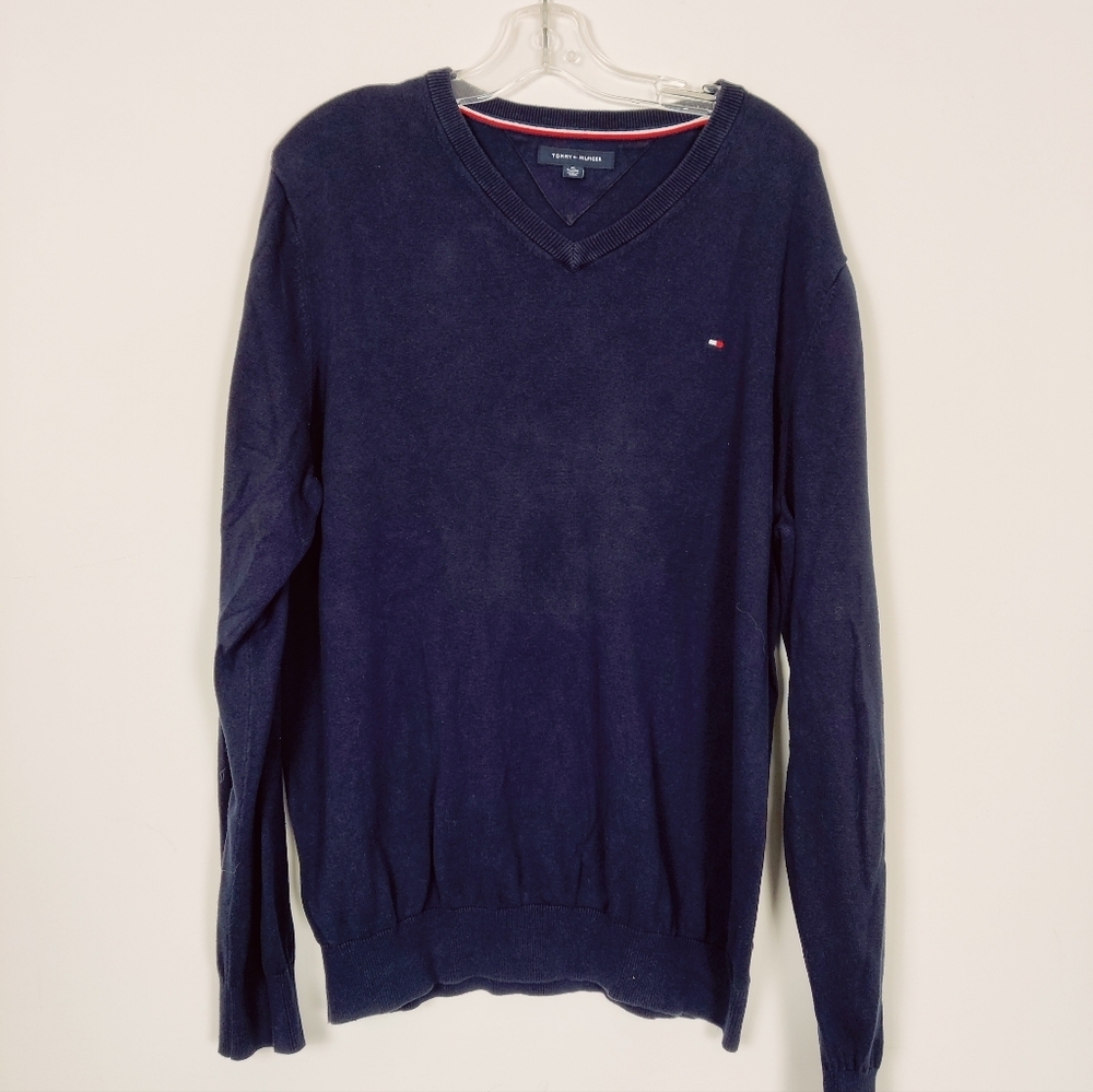 Tommy Hilfiger Men's V-Neck Sweater in Dark Blue Size XL 100% Cotton Nautical